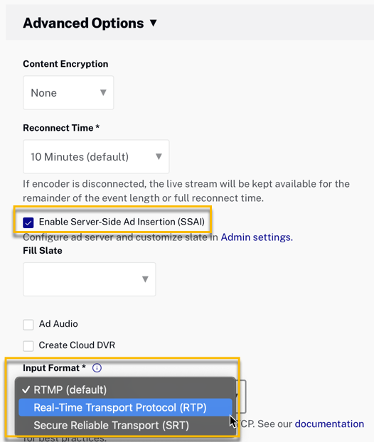 Live Settings for SSAI Channel